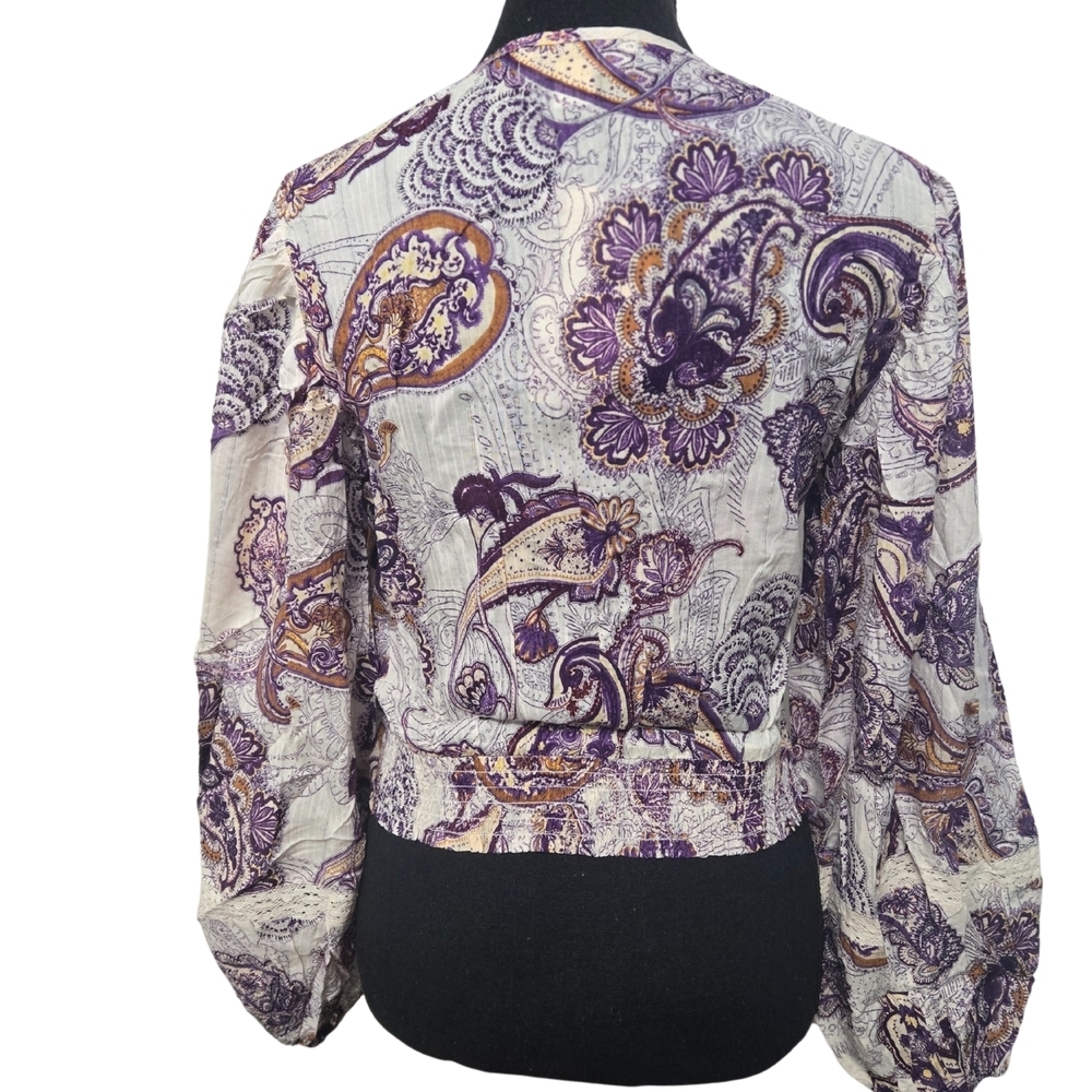 Purple Cream Crop Blouse with Balloon Sleeves - Picture 5 of 9